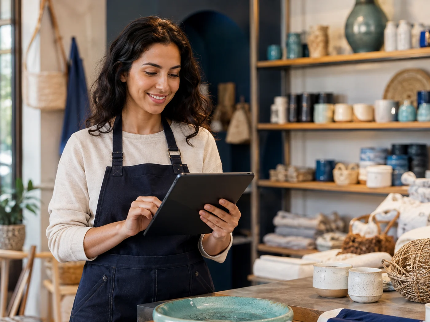 Commerçante utilisant une tablette dans sa boutique