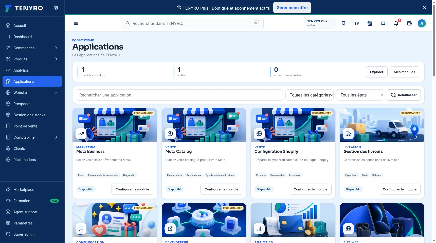 Interface TENYRO montrant la gestion des applications du commerce